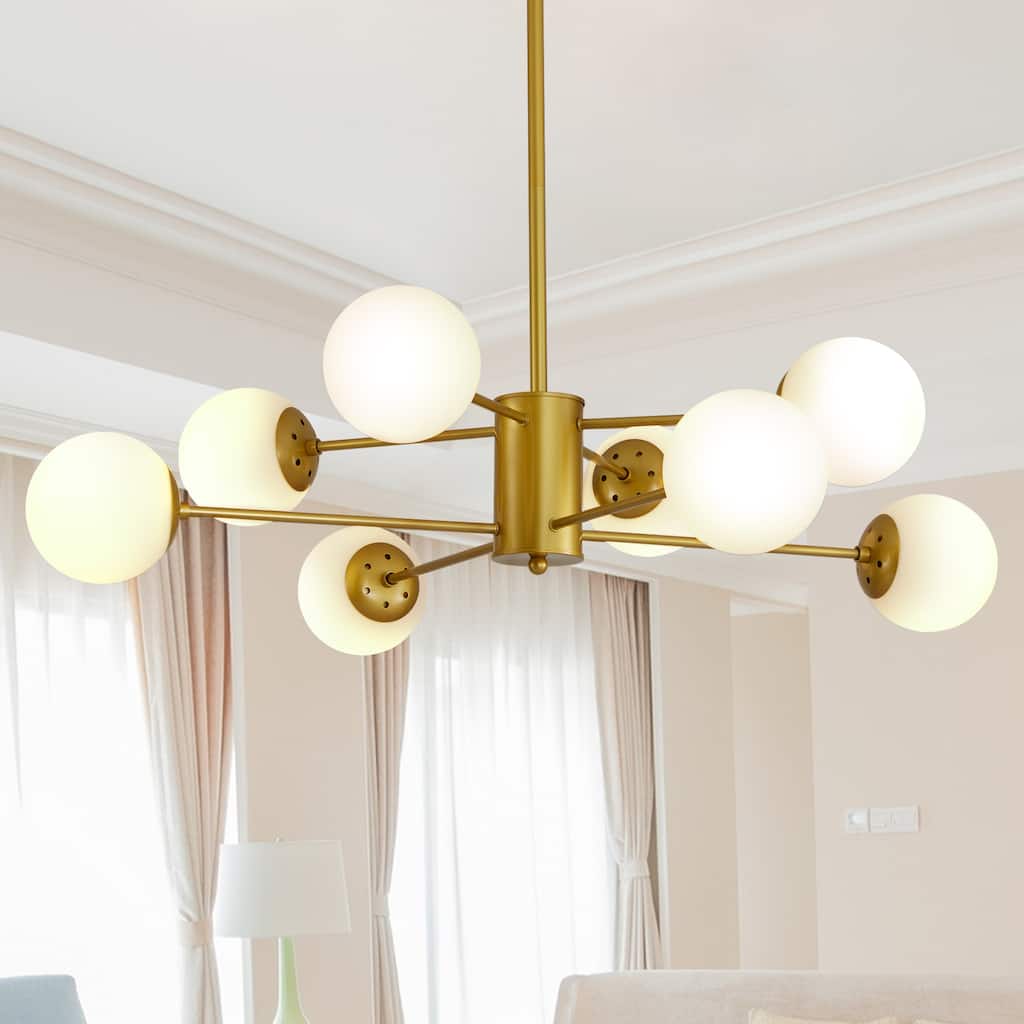 Elegant 8-Light Gold Chandelier with Frosted Glass Globes, Mid-Century Modern Ceiling Light Fixture for Living Room