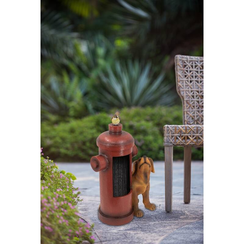 16.2x11x26.8" Red Fire Hydrant Water Fountain with Dog and Bird Accents, Outdoor Fountian with Light and Pump
