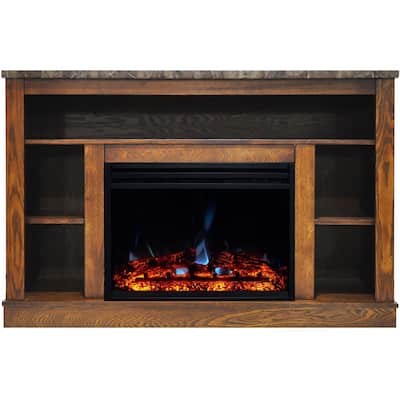 Hanover Oxford 47 In. Electric Fireplace Heater with 1500W Deep Log Insert and A/V Storage Mantel in Walnut - 47 Inch