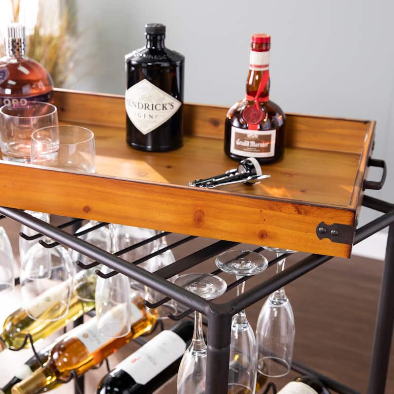 SEI Furniture Maya Modern Farmhouse Black Wood Bar Cart
