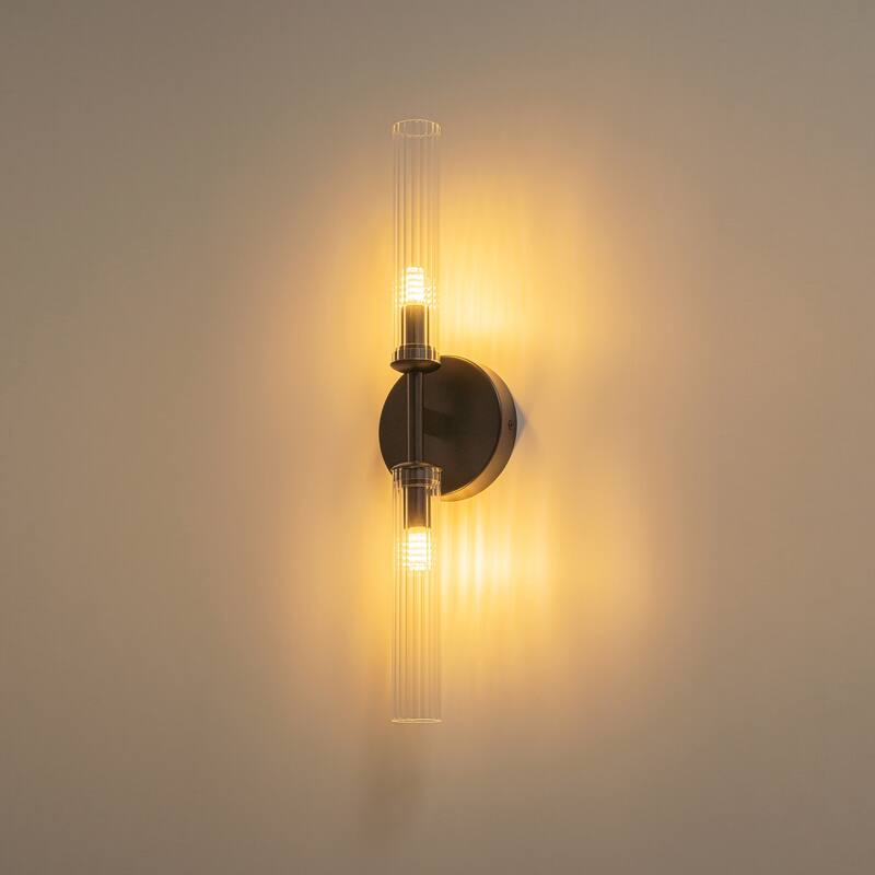 2-Light Mid-Century Modern Brushed Gold/Matte Black Finish Linear Vanity Light with Clear Striped Glass for Bathroom