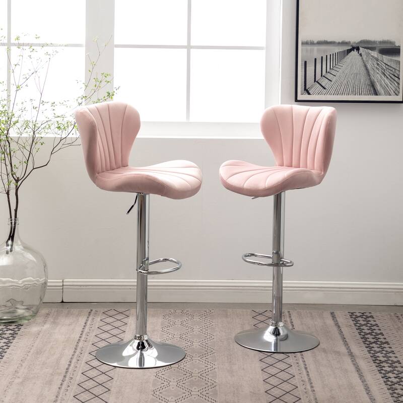 Set of 2 Adjustable Swivel Barstools with Upholstered Bucket Seats and Chrome Footrest.