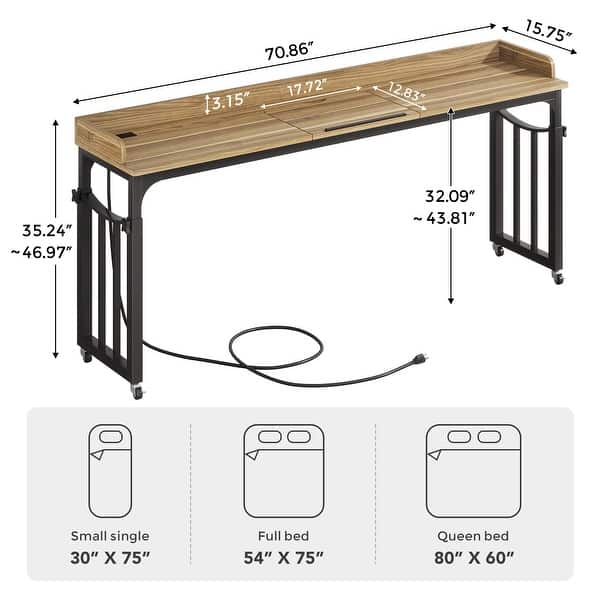 dimension image slide 0 of 2, 71 inch Overbed Table with Height Adjustable & Power Outlet, Queen Size Bed Table