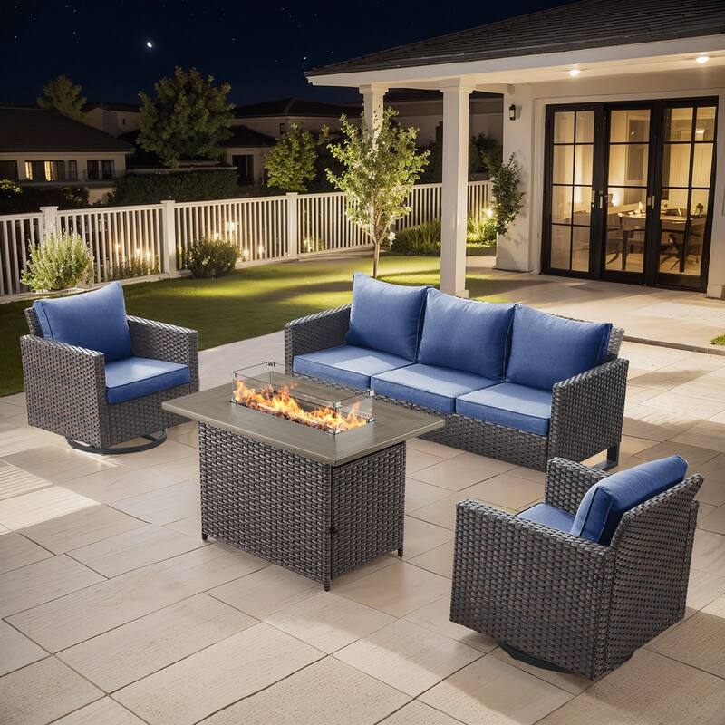 Outdoor Sofa 2 Glider Chairs and Fire Pit Table - Brown - Blue