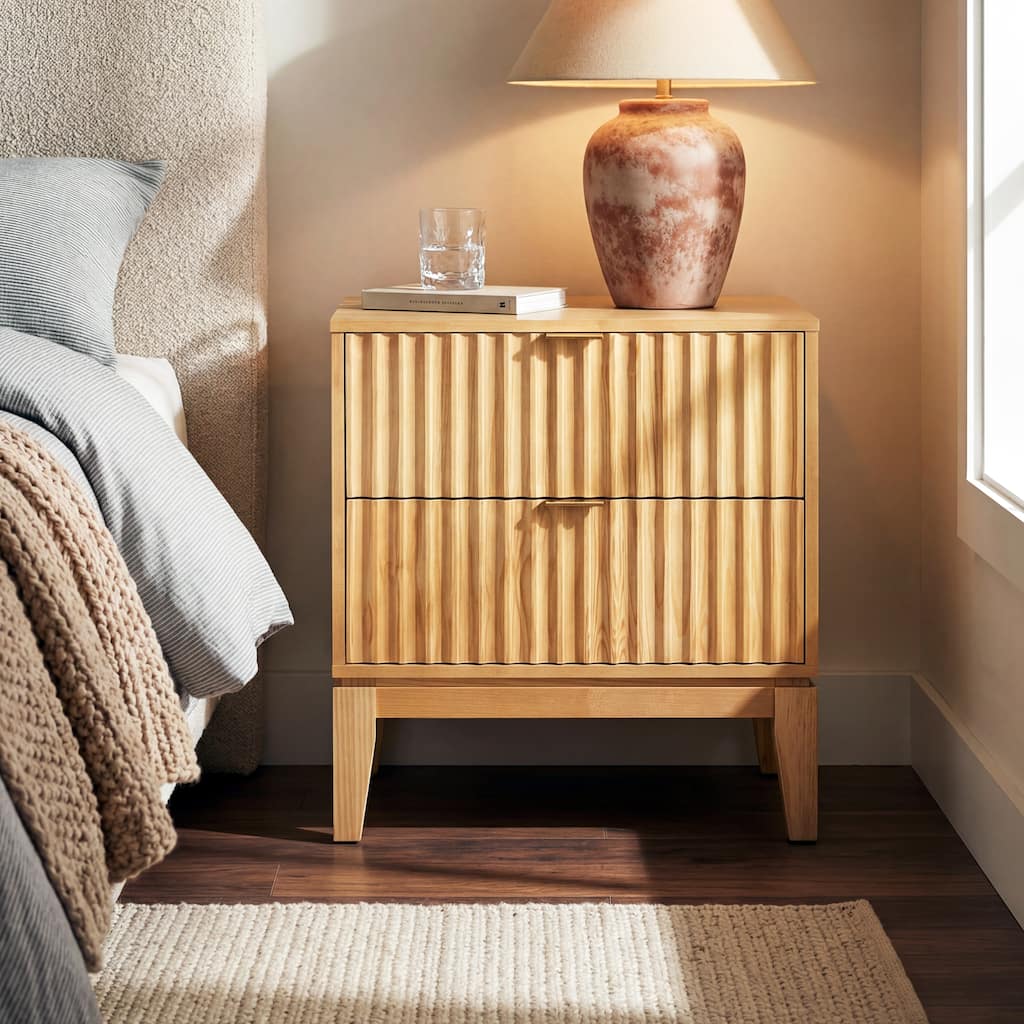 Christopher Knight Home - Mid-Century Mordern Fluted Pine Wood Nightstand with 2 Storage Drawers