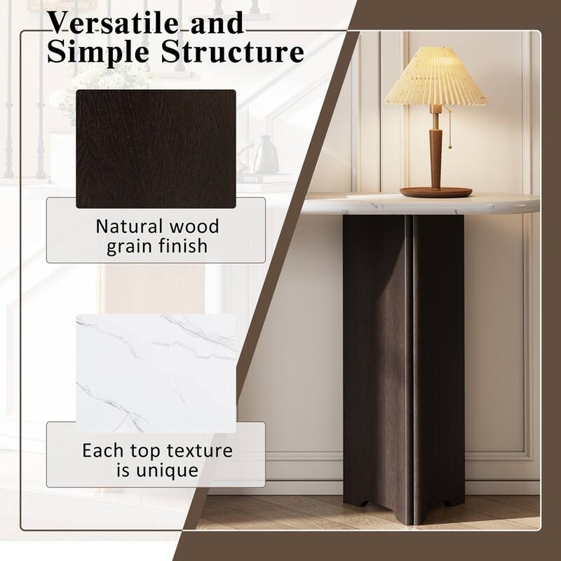 Rustic Sofa Table Narrow Console Table with Oval Faux Marble Top
