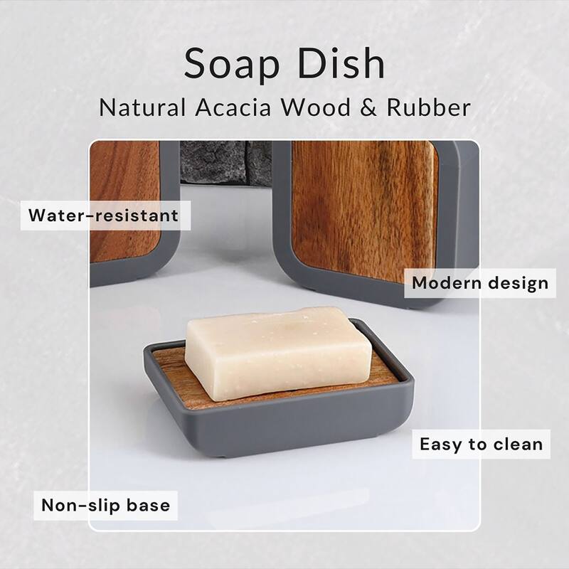 Minimalist Hand Soap Dish Rubber and Wood - 4.5 L x 3.1 W x 0.8 H