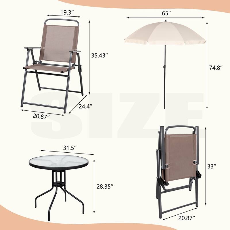 Futzca Folding Patio Dining Set, Garden Patio Furniture Set with Umbrella, Glass Table and 4 Folding Chairs