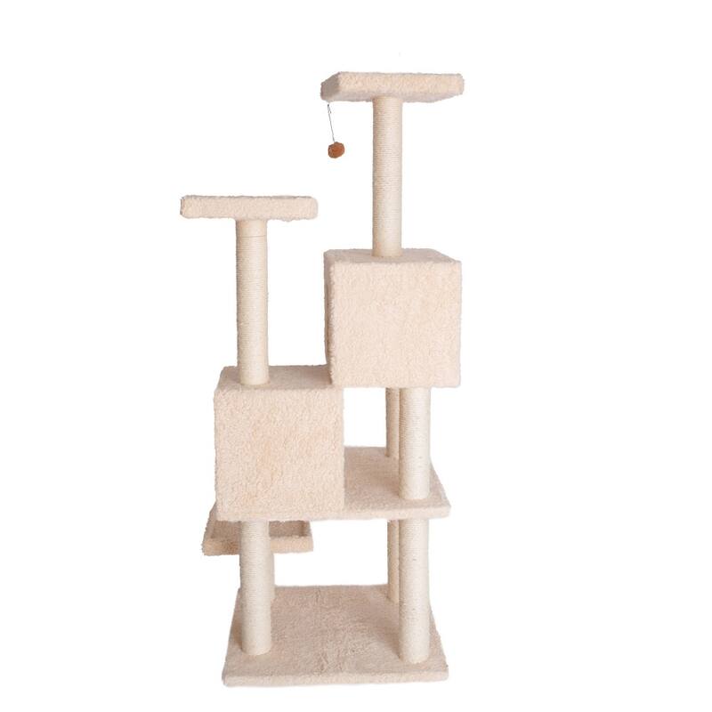 Multi-Level Real Wood Cat Tree With Two Spacious Condos, Perches - Beige