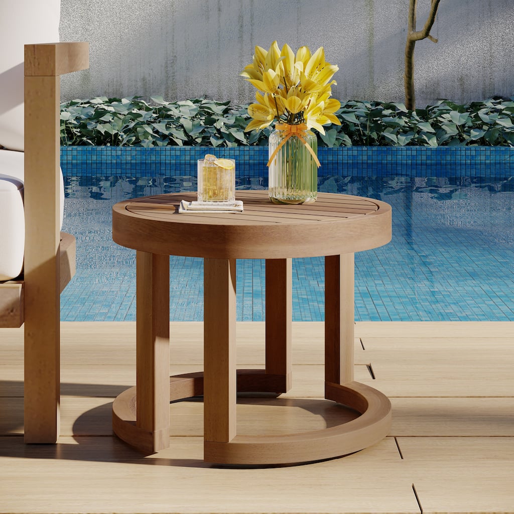 Roomfitters Outdoor Acacia Wood Side Table, Solid Wood Patio Table for Pool, Porch, or Garden, Brown Wash Finish