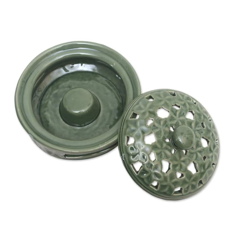 Novica Handmade Plumeria Blooms In Green Porcelain Mosquito Coil Holder