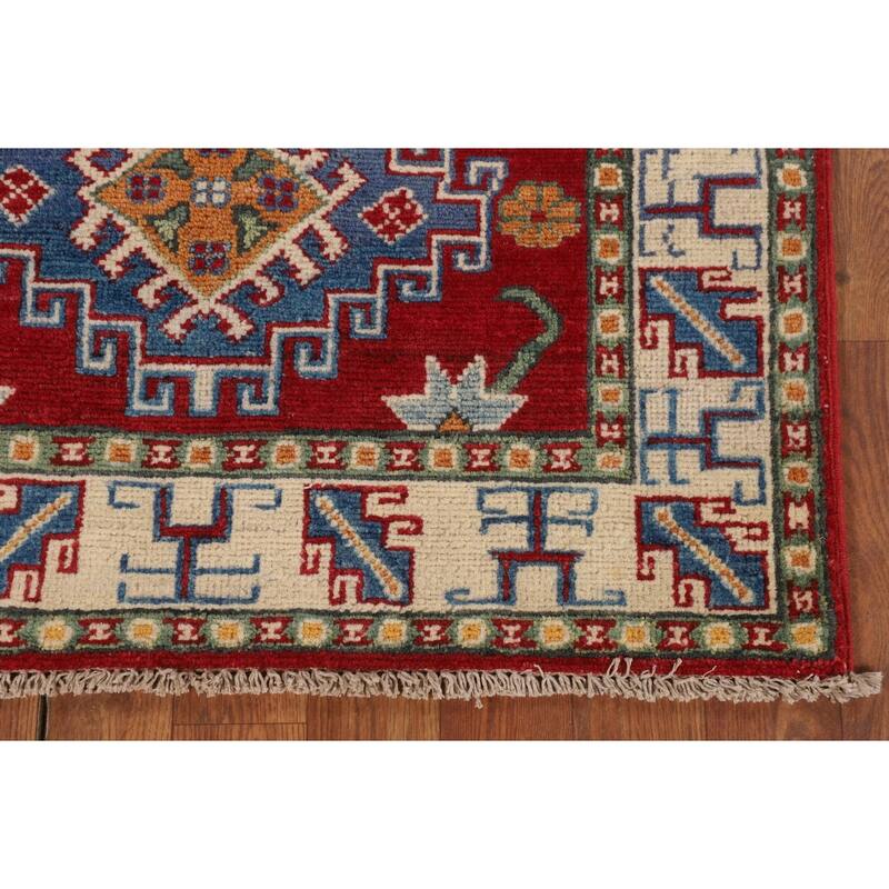 Geometric Red Kazak Accent Rug Hand-Knotted Foyer Wool Carpet - 2'9" x 4'1"