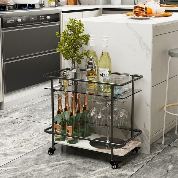 2Tier Bar Cart on Wheels, Modern Mobile Bar Trolley Serving Cart with