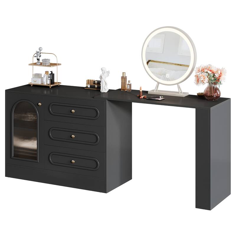 360° Rotatable Vanity Desk with 3 Drawers, Modern White Corner Vanity
