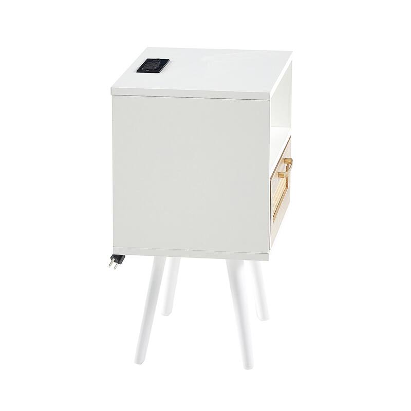 15.75" Rattan End table with Power Outlet & USB Ports, nightstand with drawer and solid wood legs, side table