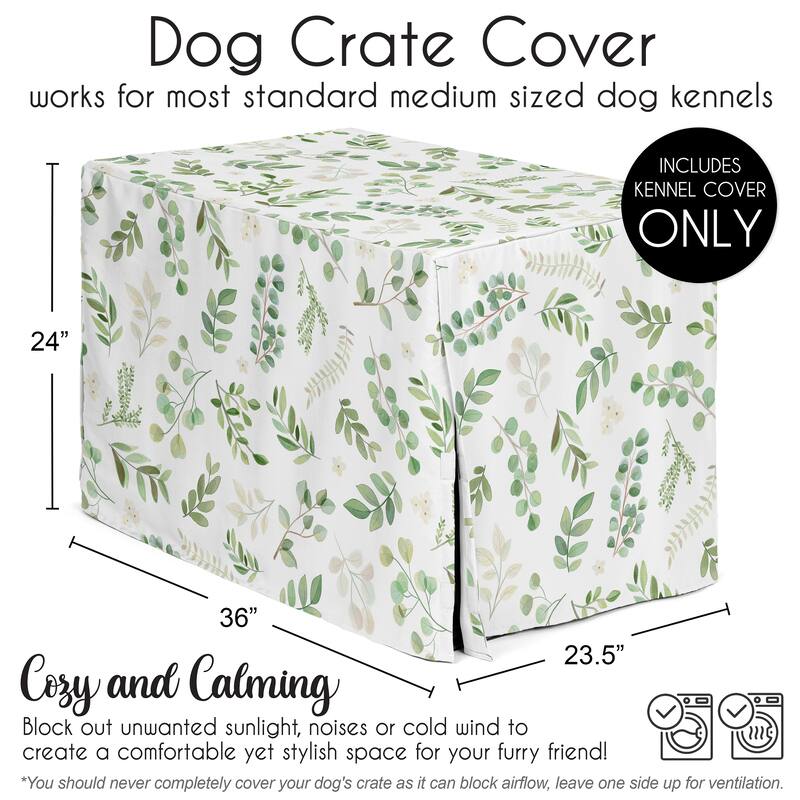Sweet Jojo Designs Green Boho Floral Leaf Dog Crate Kennel Cover 36in. Neutral Sage White Bohemian Watercolor Botanical Woodland