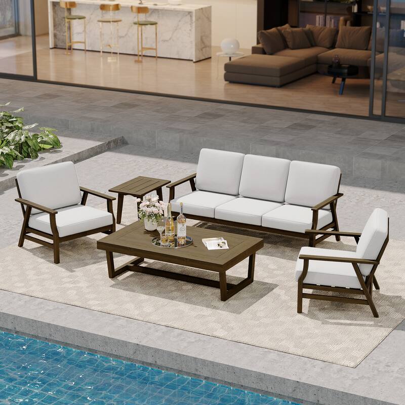 Modern Wood Cushioned Outdoor Patio Sofa Loveseat with Coffee Table - Sofa Set - Beige