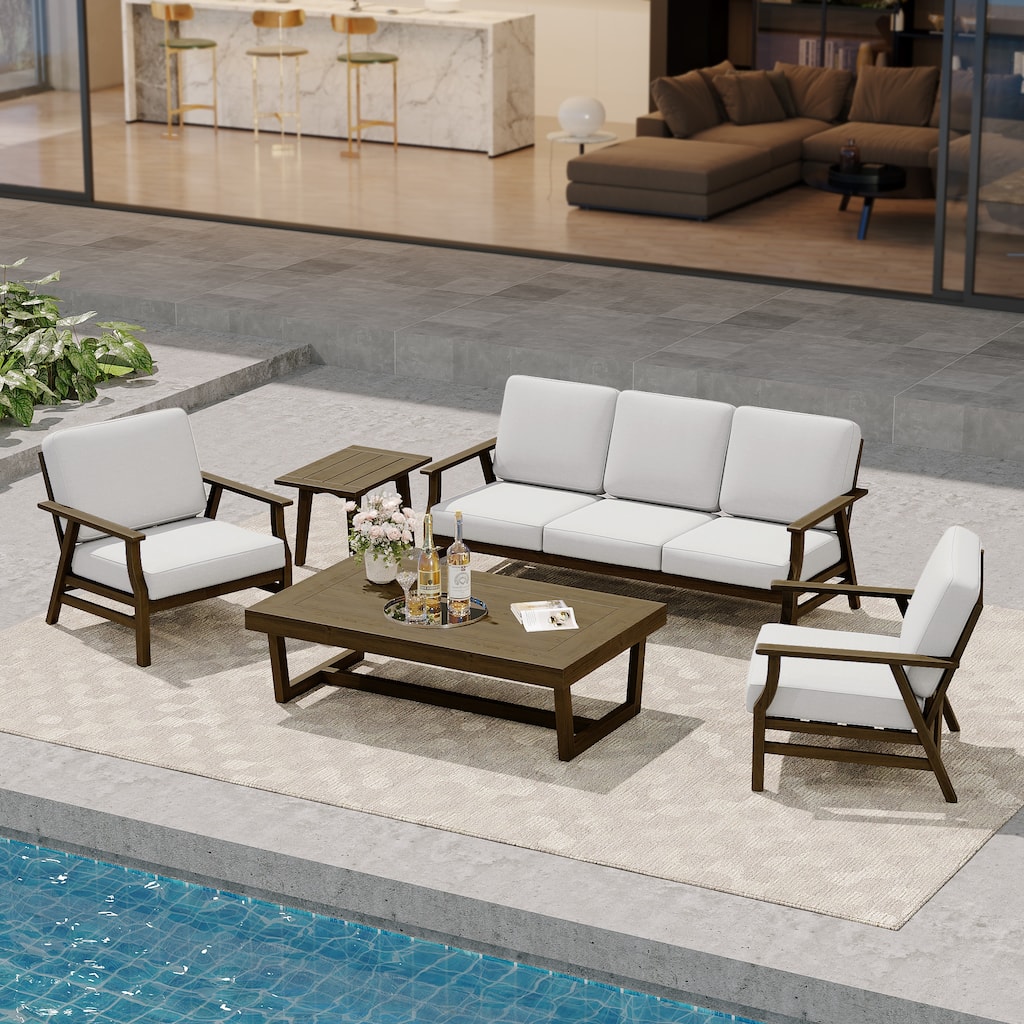 Modern Wood Cushioned Outdoor Patio Sofa Loveseat with Coffee Table