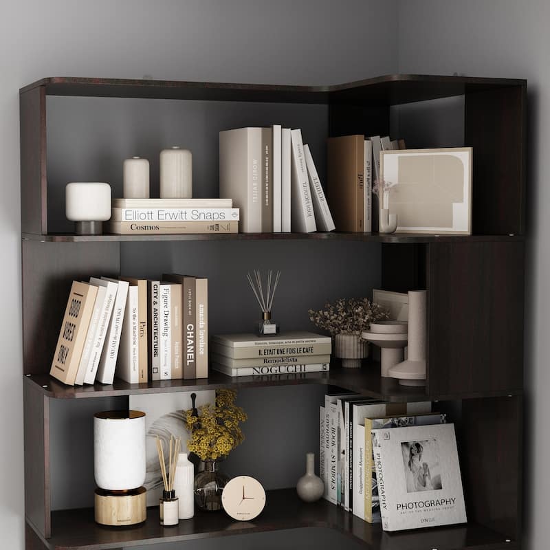 Black Bookshelf L-Shaped Display Bookcase Freestanding Storage Shelves