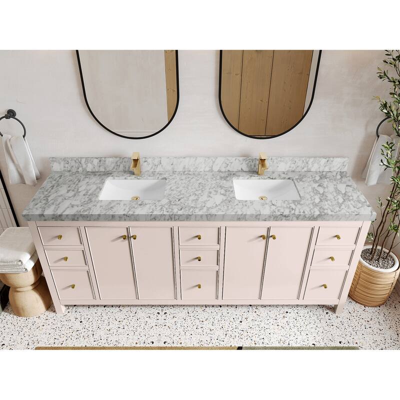 Willow Collections 84 in. W x 22 in. D Chicago Double Bowl Sink Bathroom Vanity with Countertop - 2”Carrara Marble - Pink