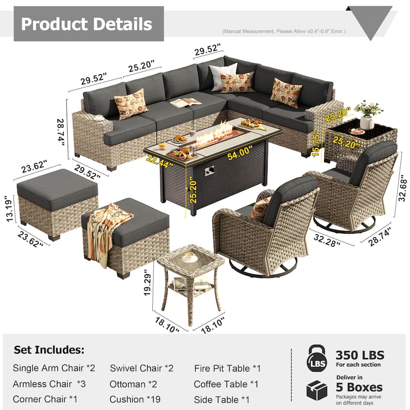 XIZZI 13-Piece Outdoor Wicker Sectional Swivel Chairs Set with Firepit Table