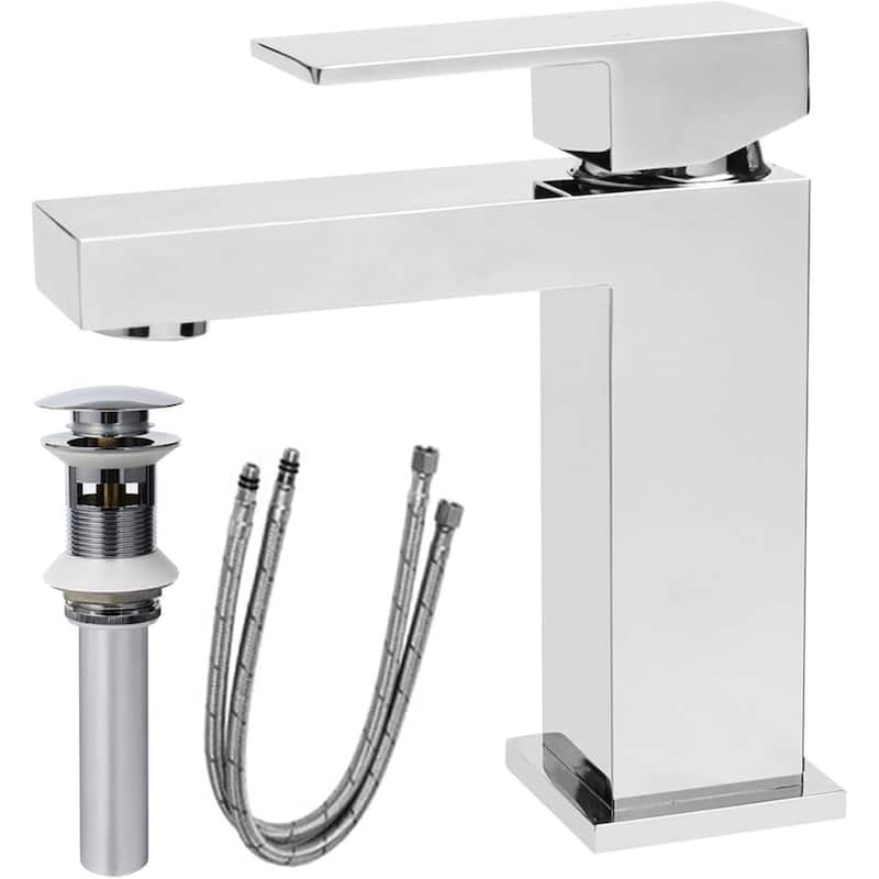Single Handle Single Hole Bathroom Faucet, Solid Brass Modern Bathroom Sink Faucet with Pop-up Drain & Water Supply Hoses - Chrome