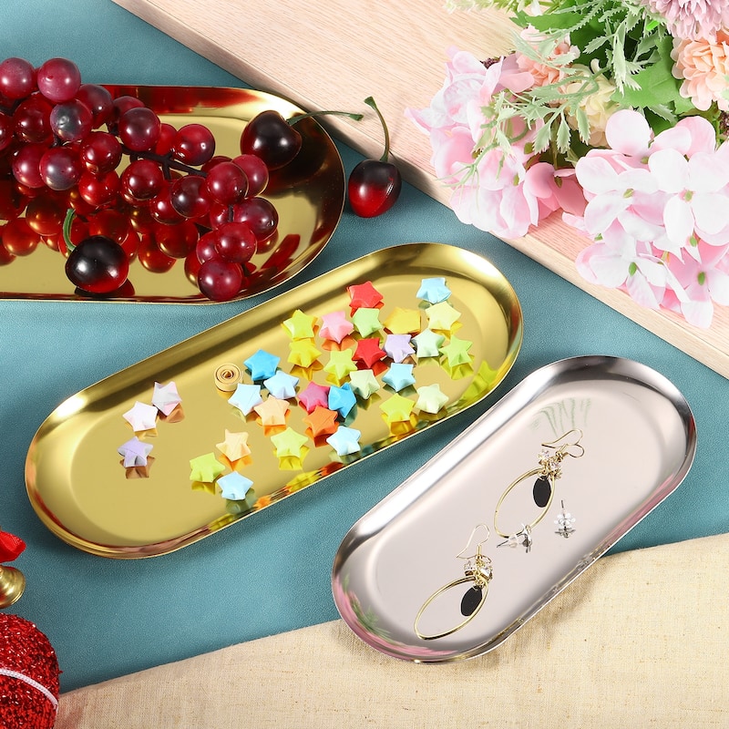 2pcs Stainless Steel Decorative Trays Gold Bathroom Cosmetic Trays (7 Inch)