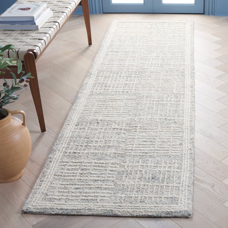 SAFAVIEH Handmade Abstract Anoek Checkered Wool Rug - 2'3" x 7' Runner - Dark Grey/Ivory