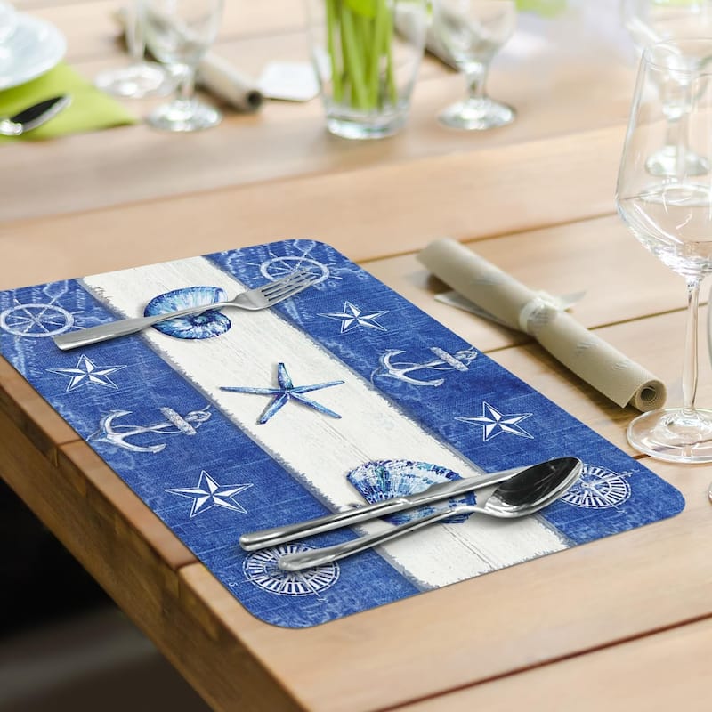 Nautical Fragments 4 Pack Reversible Easy Care Flexible Plastic Placemats Made in The USA BPA Free Easily Wipes Clean