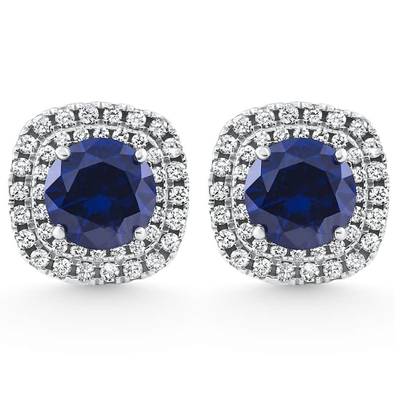 2.65Ct Cushion Halo Blue Sapphire Diamond Studs White Gold Earring Lab Grown