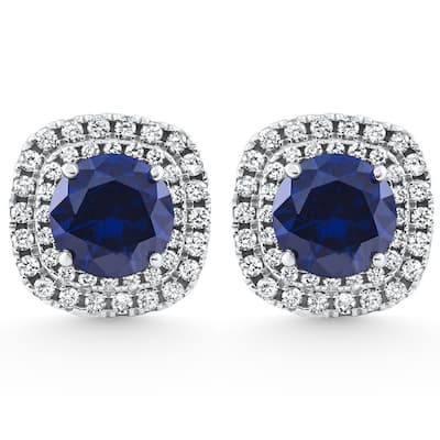 2.65Ct Cushion Halo Blue Sapphire Diamond Studs White Gold Earring Lab Grown