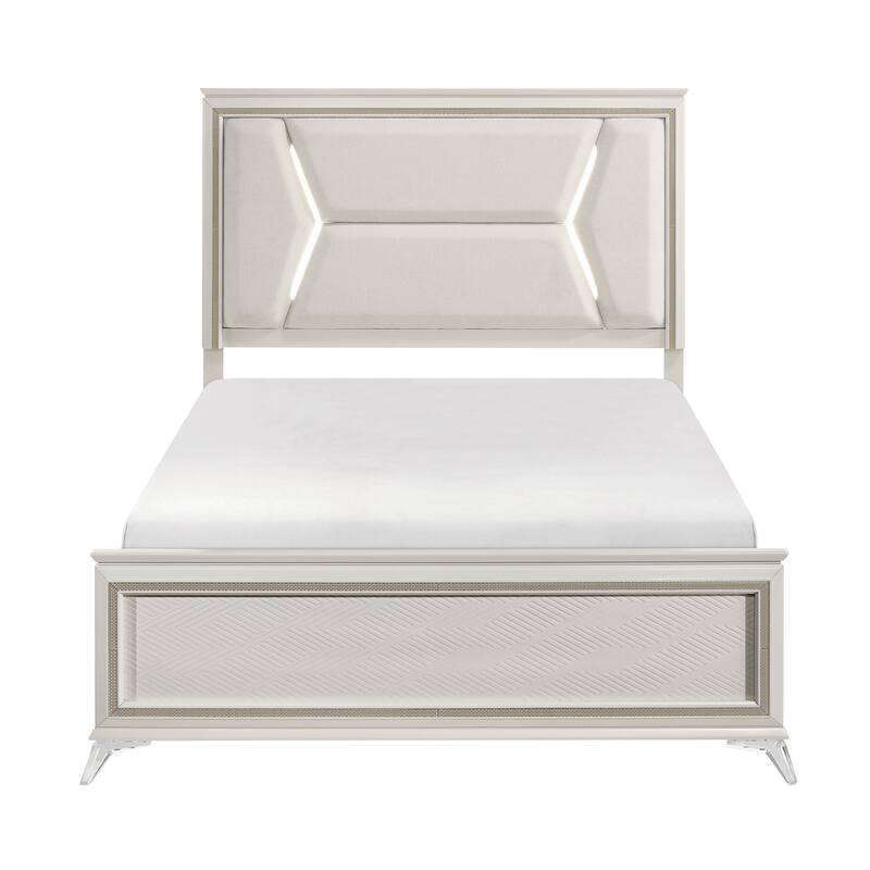 Modern Luxury Queen Size Platform Bed with LED Headboard, Chenille Upholstery and Gold Accents, Stylish Bedroom Furniture