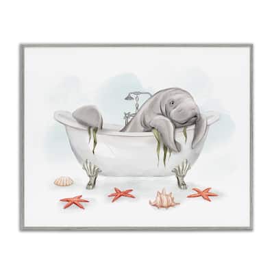 Stupell Manatee Sea Life Swimming Bathtub Bathroom Painting Framed Wall Art, Design by Ziwei Li