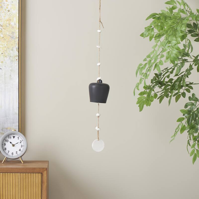 Ceramic Handmade Indoor Outdoor Windchime with Cascading White Disks - Black - Roche River Decor