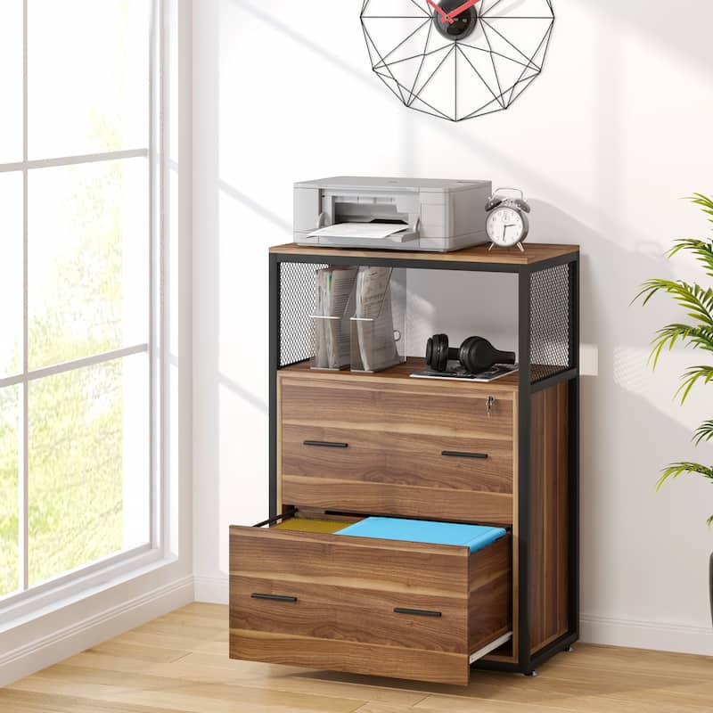 Walnut/ Black 2 Drawer Lateral File Cabinet with Open Storage Shelves, Industrial Filing Cabinet Printer Stand
