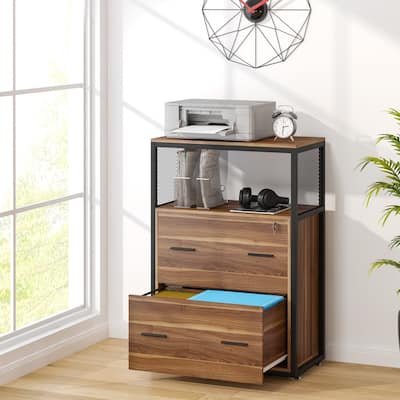 Walnut/ Black 2 Drawer Lateral File Cabinet with Open Storage Shelves, Industrial Filing Cabinet Printer Stand