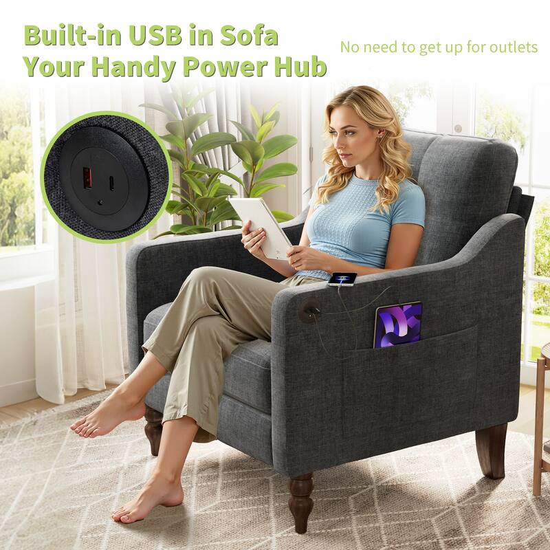 Chenille Accent Armchair, Upholstered Lounge Chair with USB Port, Single Sofa Chair with Wooden Legs & Side Storage