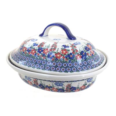 Blue Rose Polish Pottery 153 Vena Oval Baker with Lid