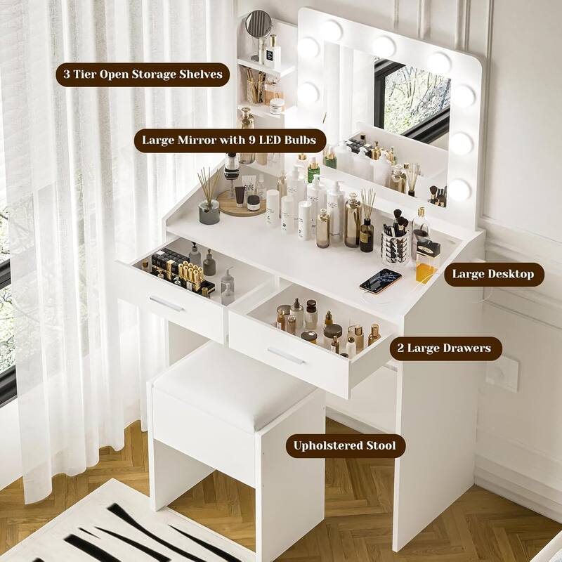 Modern Dressing Table, Makeup Vanity Desk with Mirror and Lights for Bedroom