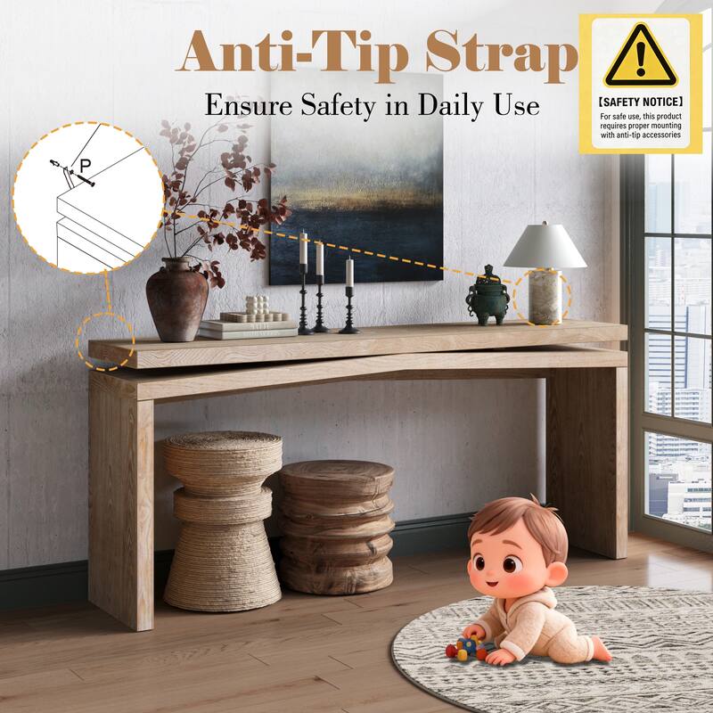 65-Inch Rustic Solid Wood Veneer Console Table, Long Farmhouse Entryway Sofa Table for Living Room, Hallway, Behind Couch