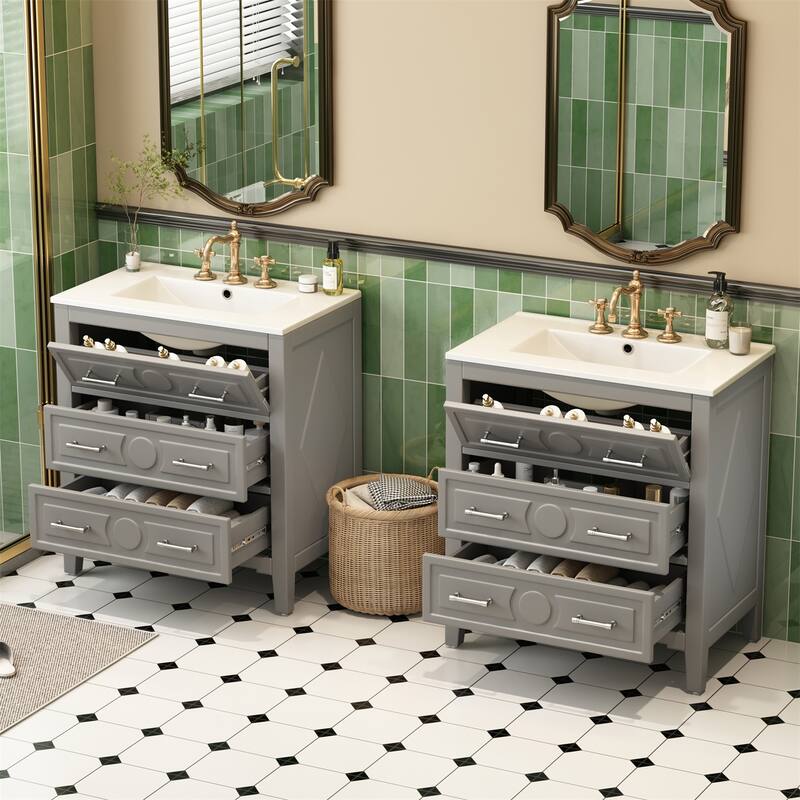 60" Bathroom Vanity Set with Ceramic Sink (Separate), Solid Wood Bathroom Storage Cabinet - Gray