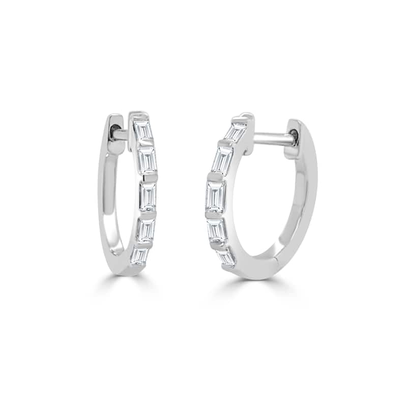 Joelle Collection Diamond Baguette Huggie Earring - 14K Gold Earrings 1/4 CTTW Baguette Hoops With Certified Diamonds - White