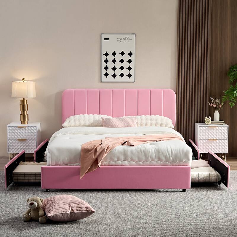 Pink Upholstered Platform Bed Frame with 4 Storage Drawers, Adjustable Velvet Rivets Headboard