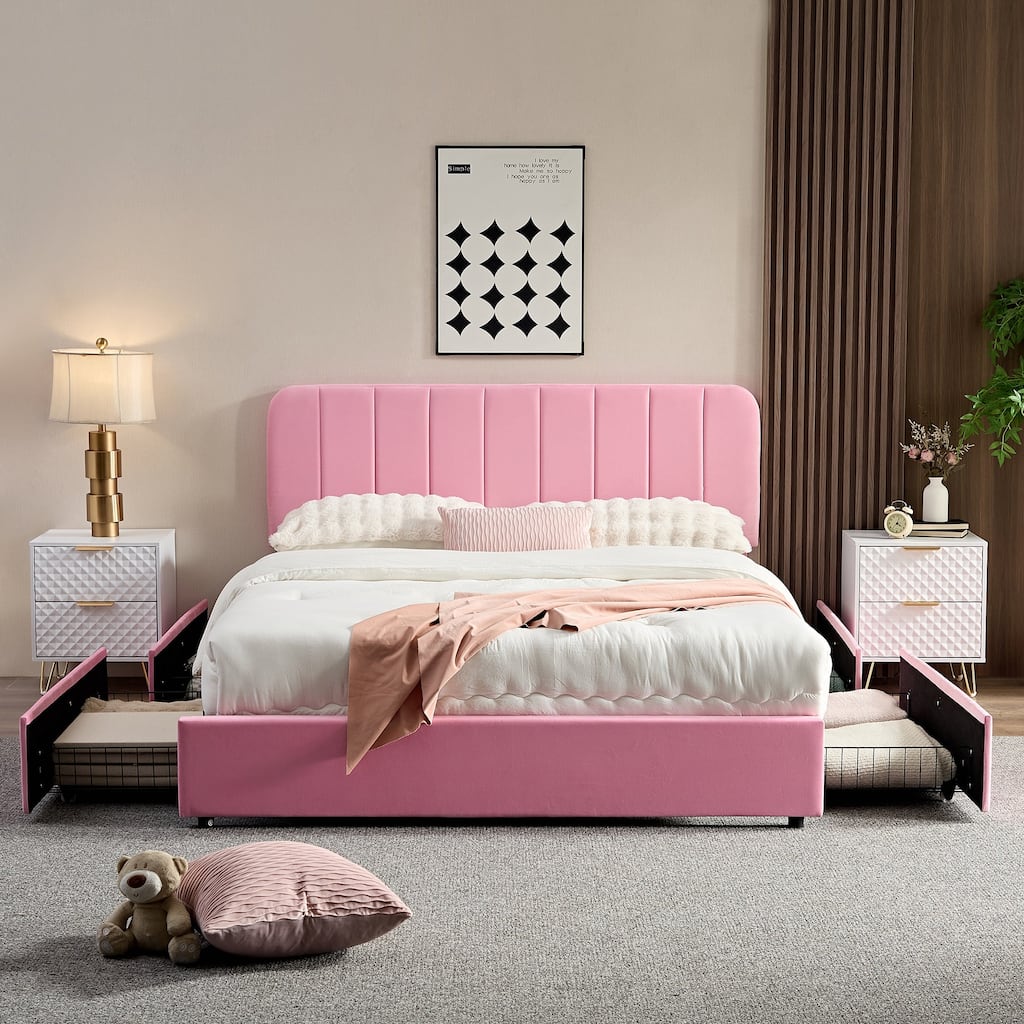 Pink Upholstered Platform Bed Frame with 4 Storage Drawers, Adjustable Velvet Rivets Headboard