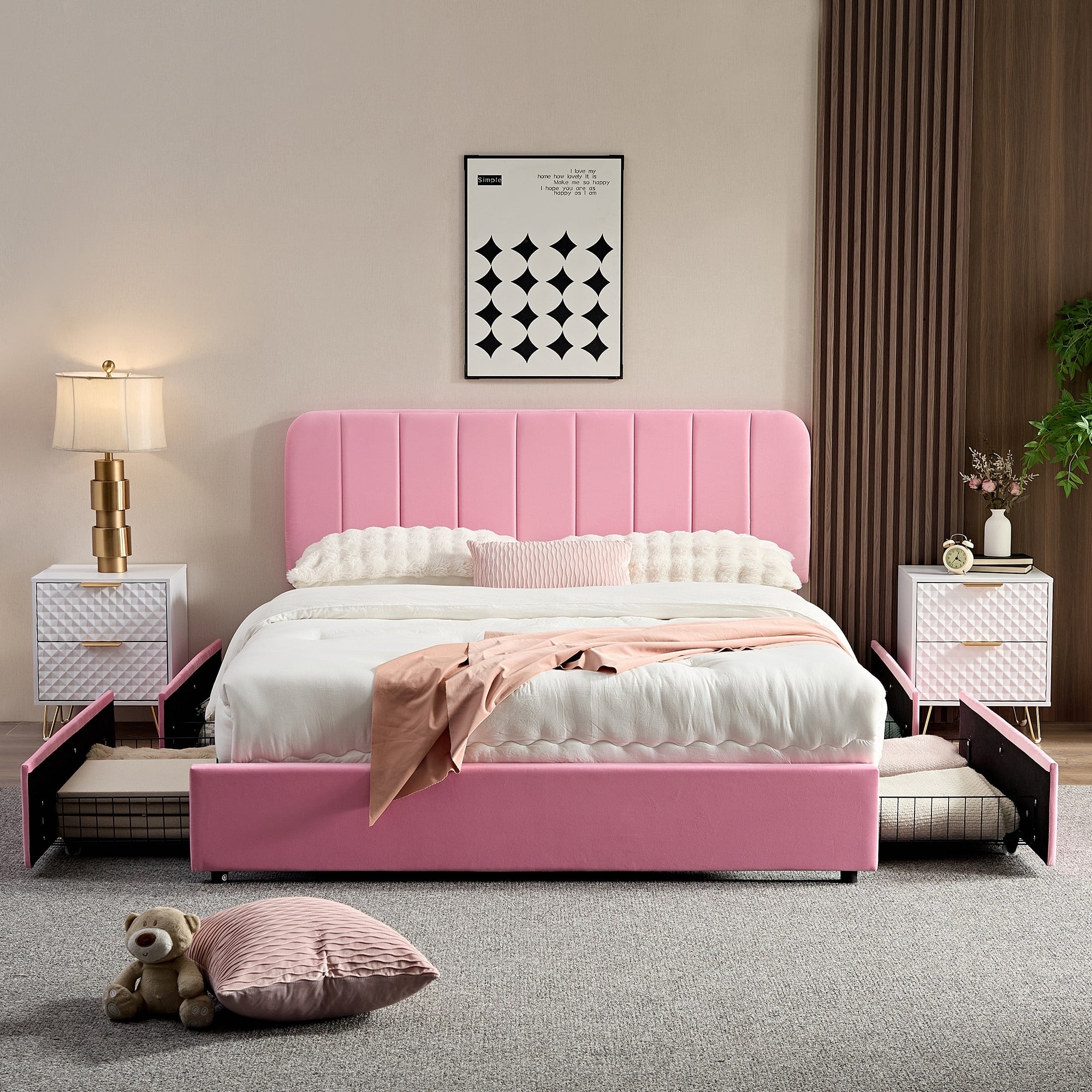 prime-roseさま専用ページ Pink Upholstered Platform Bed Frame with 4 Storage Drawers