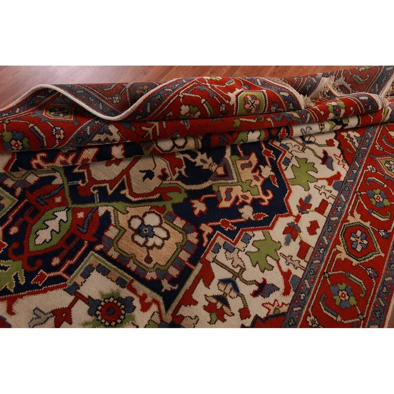 Ivory & Orange Heriz Serapi Indian Area Rug Handmade Wool Carpet - 8'11"x 11'9"