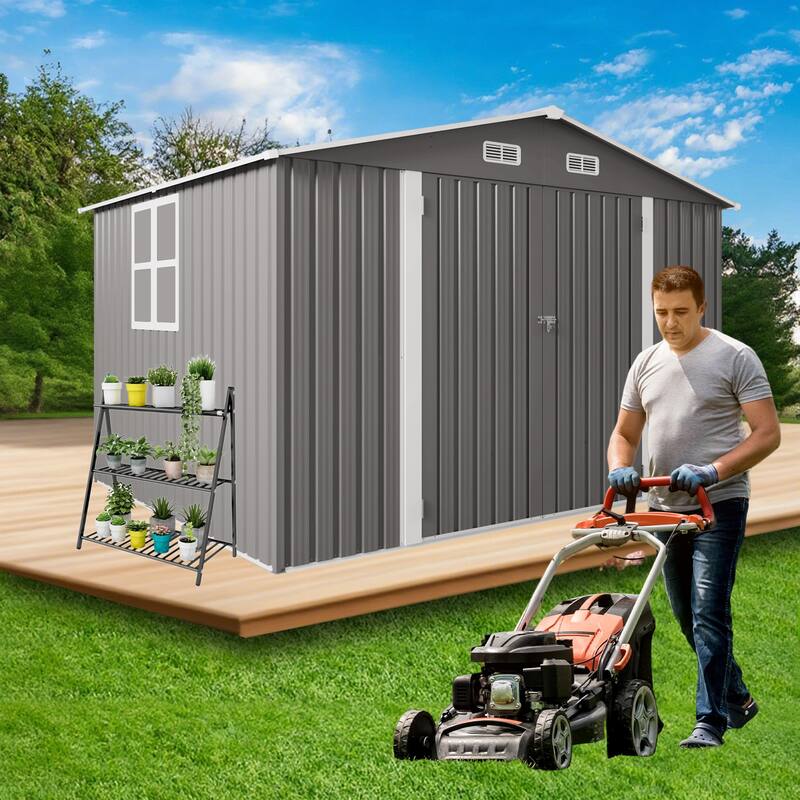 10 x 8 FT Outdoor Storage Shed, Large Metal Storage Shed, Lockable Door and Air Vent, Clear Window Garden Tool Shed