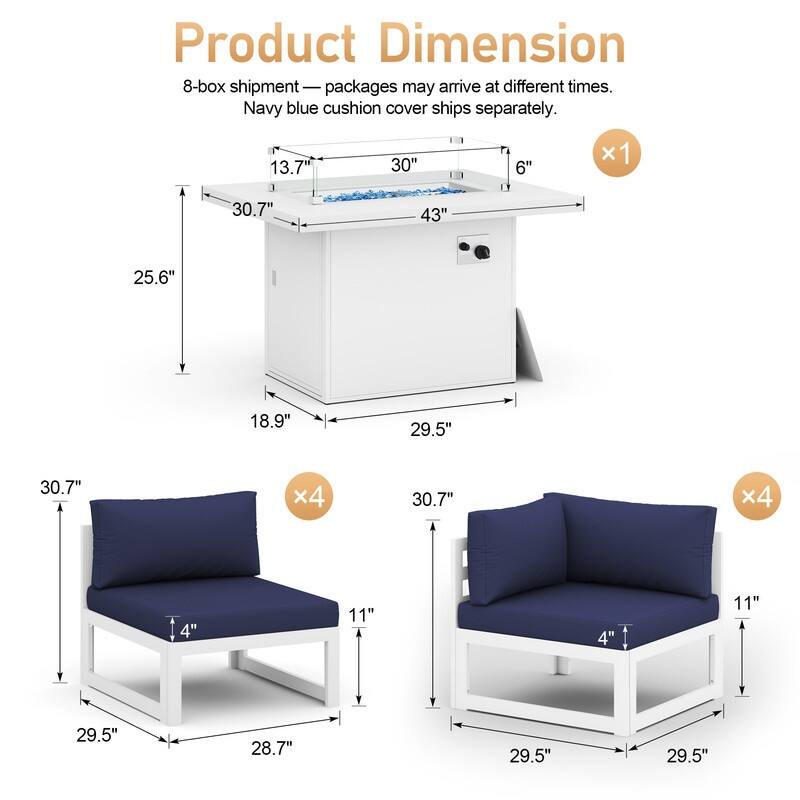 9-Piece Modern Aluminum Outdoor Furniture Set With Fire Pit Table Propane/Gas 60,000 BTU, Extra Large Aluminum Patio Sectional