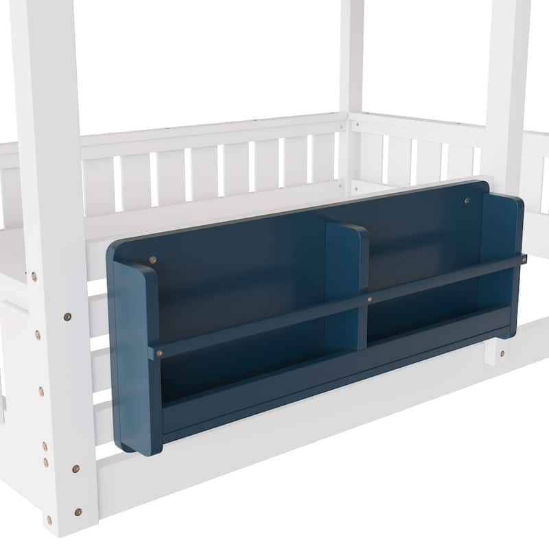 Twin/Full House Bunk Bed with Bookshelf, Safety Fence, Ladder and Loft Play Area, Wooden Kids Bed Frame