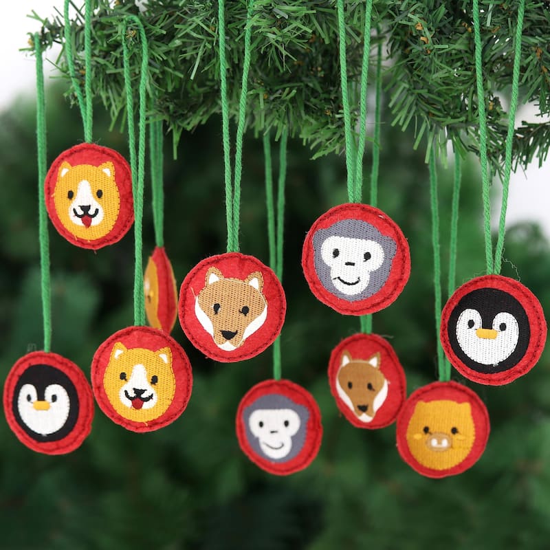 Novica Handmade Party Animals In Red Embroidered Wool Holiday Ornaments (Set Of 10)